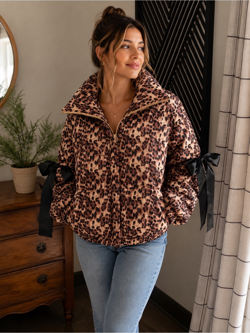 TCEC Leopard Print Puffer Jacket with Black Ribbon BOWS - Taupe/Black Large